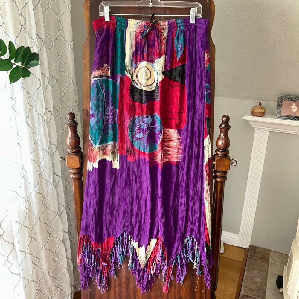 Vtg Silver Stream Maxi Skirt Womens Large purple fringe Pull On Gypsy Broom Boho